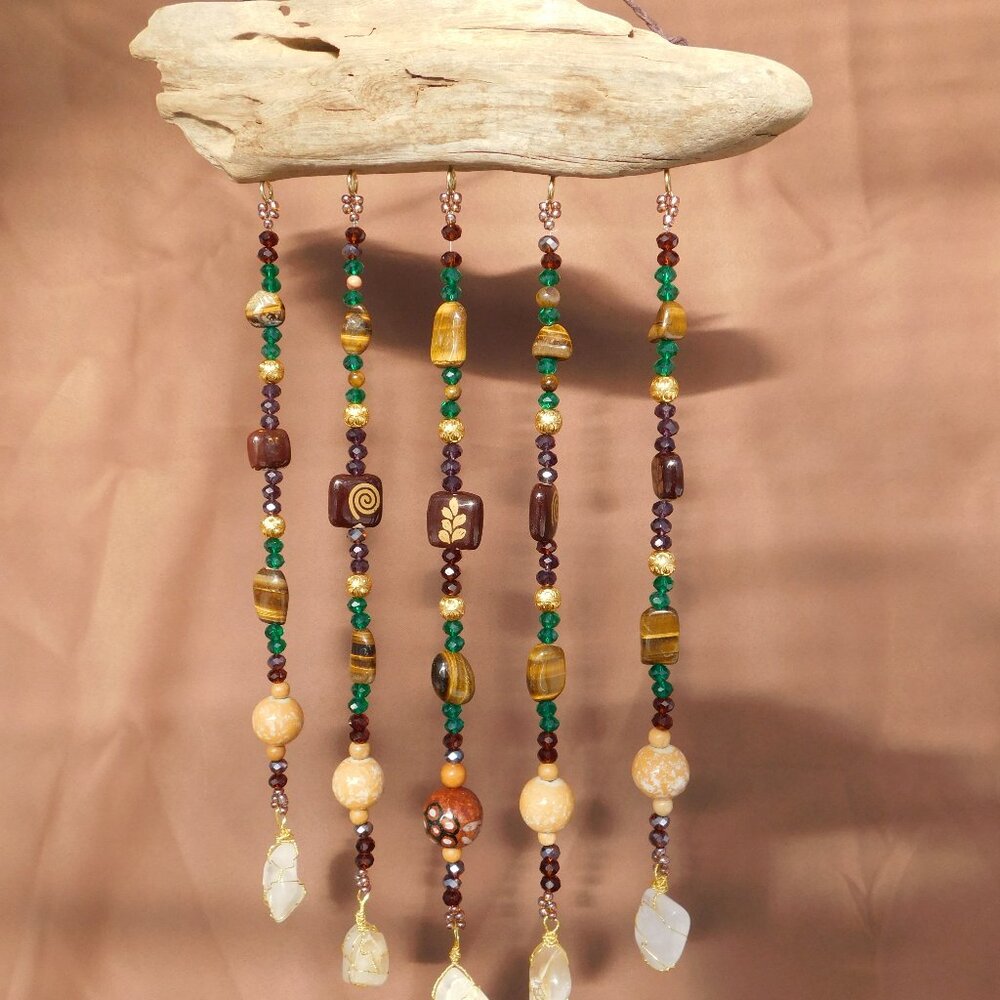 (Autumn) Driftwood Suncatcher Mobile polished quartz tiger eye & glass beads